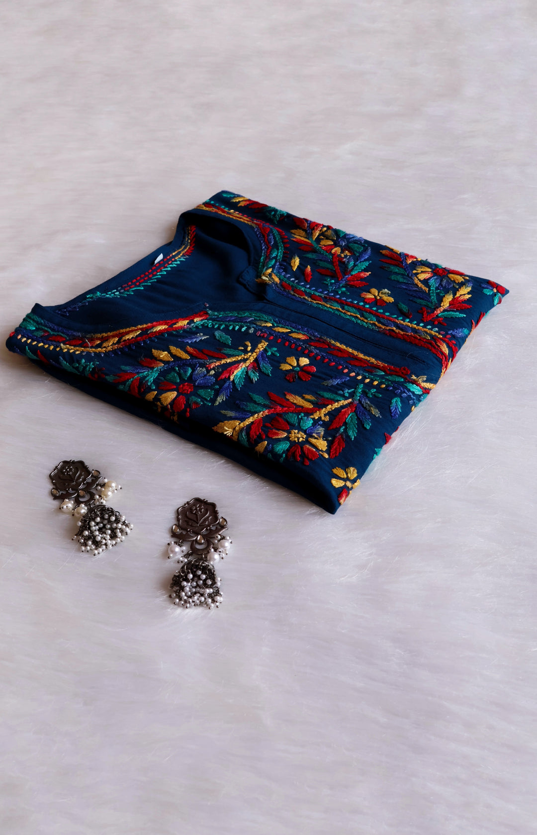 Maaham Navy Blue & Multicoloured Short Rayon Kurta