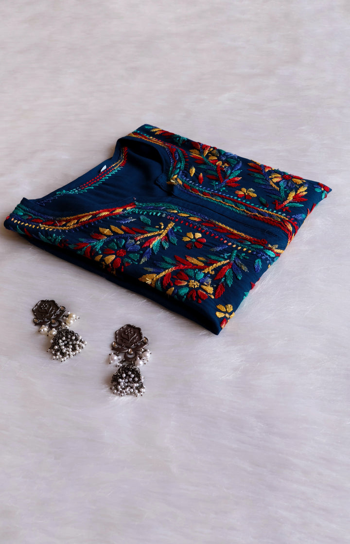 Maaham Navy Blue & Multicoloured Short Rayon Kurta