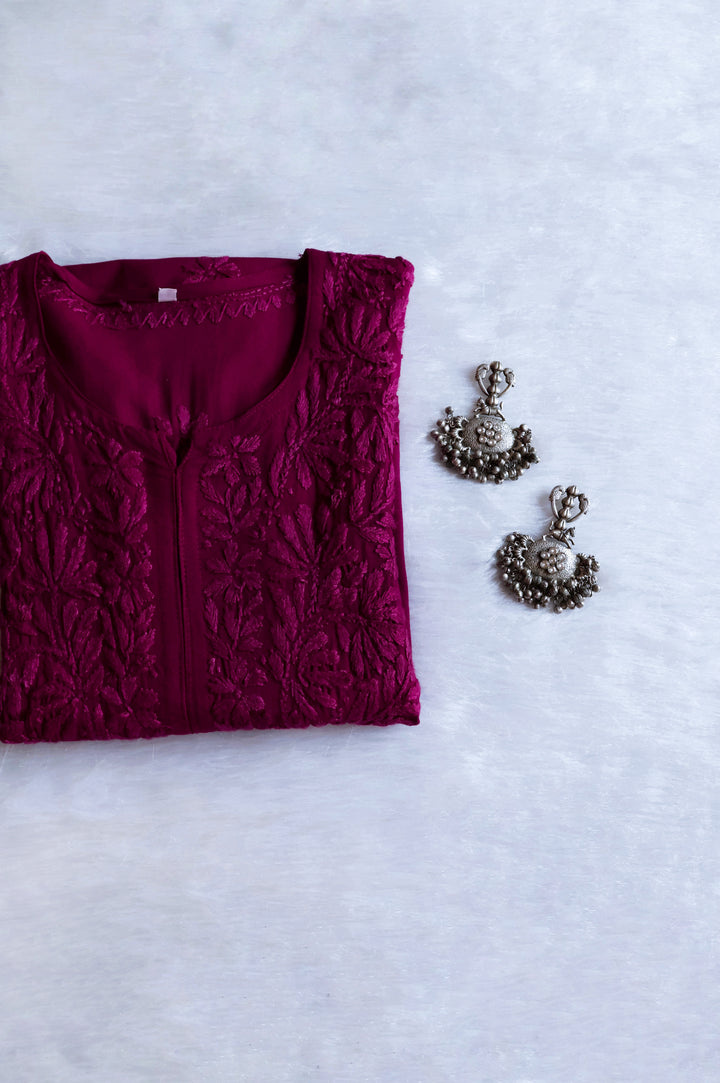 Ayra Deep Plum Long Rayon kurta - Noor Chikankari