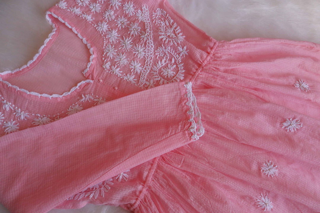 Daania Rose Pink & White Kota Pearl short Frock