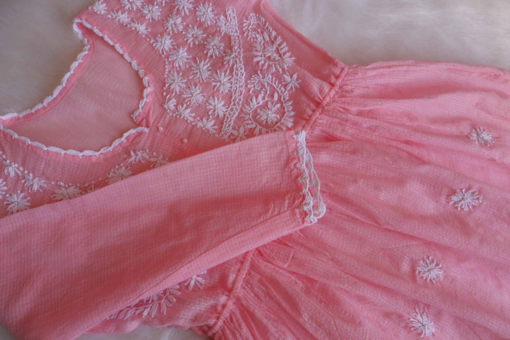 Daania Rose Pink & White Kota Pearl short Frock