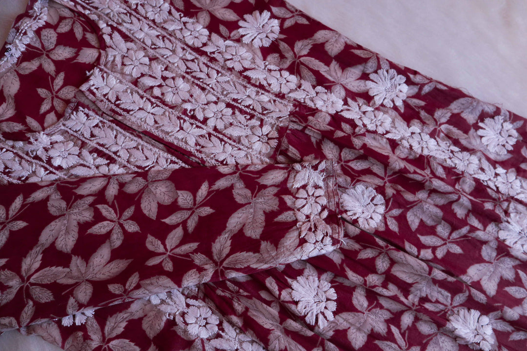 Dahlia Brick Red Floral Mulmul Nyra Cut Dress