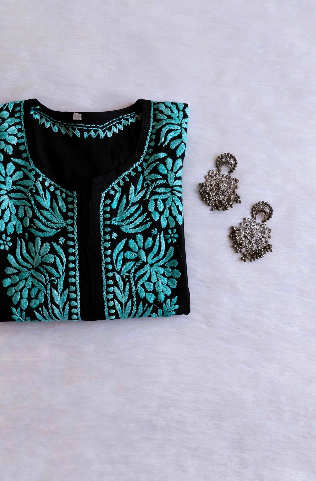 Noora Black & Sky Blue Long Rayon kurta - Noor Chikankari