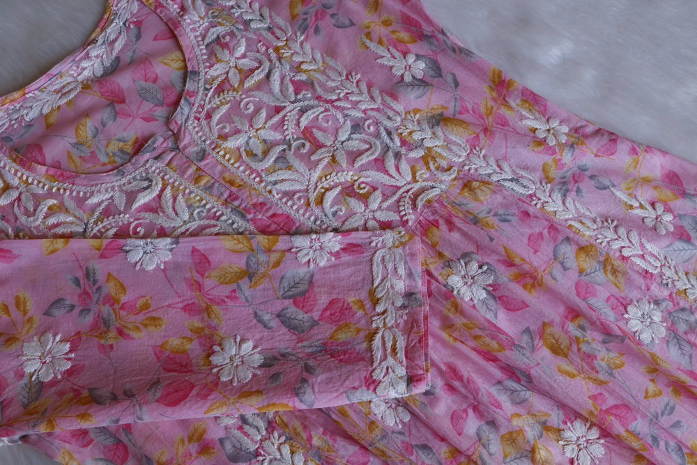 Ayra Baby Pink Floral Mulmul Nyra Cut Dress - Noor Chikankari