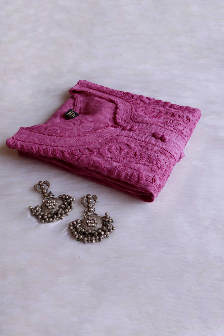 Petal Purple Long Jacquard Lace Cotton kurta - Noor Chikankari