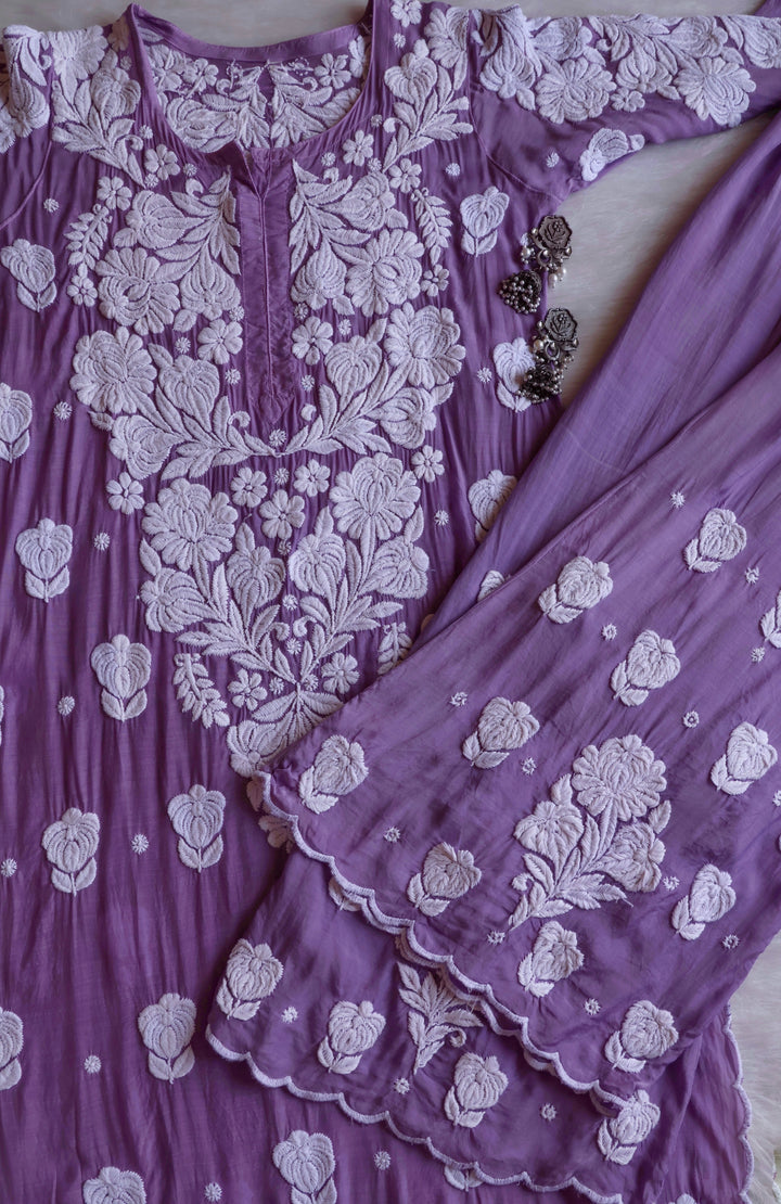 Noor Dusty Purple 10D Pure Muslin Scalloped Kurta Set