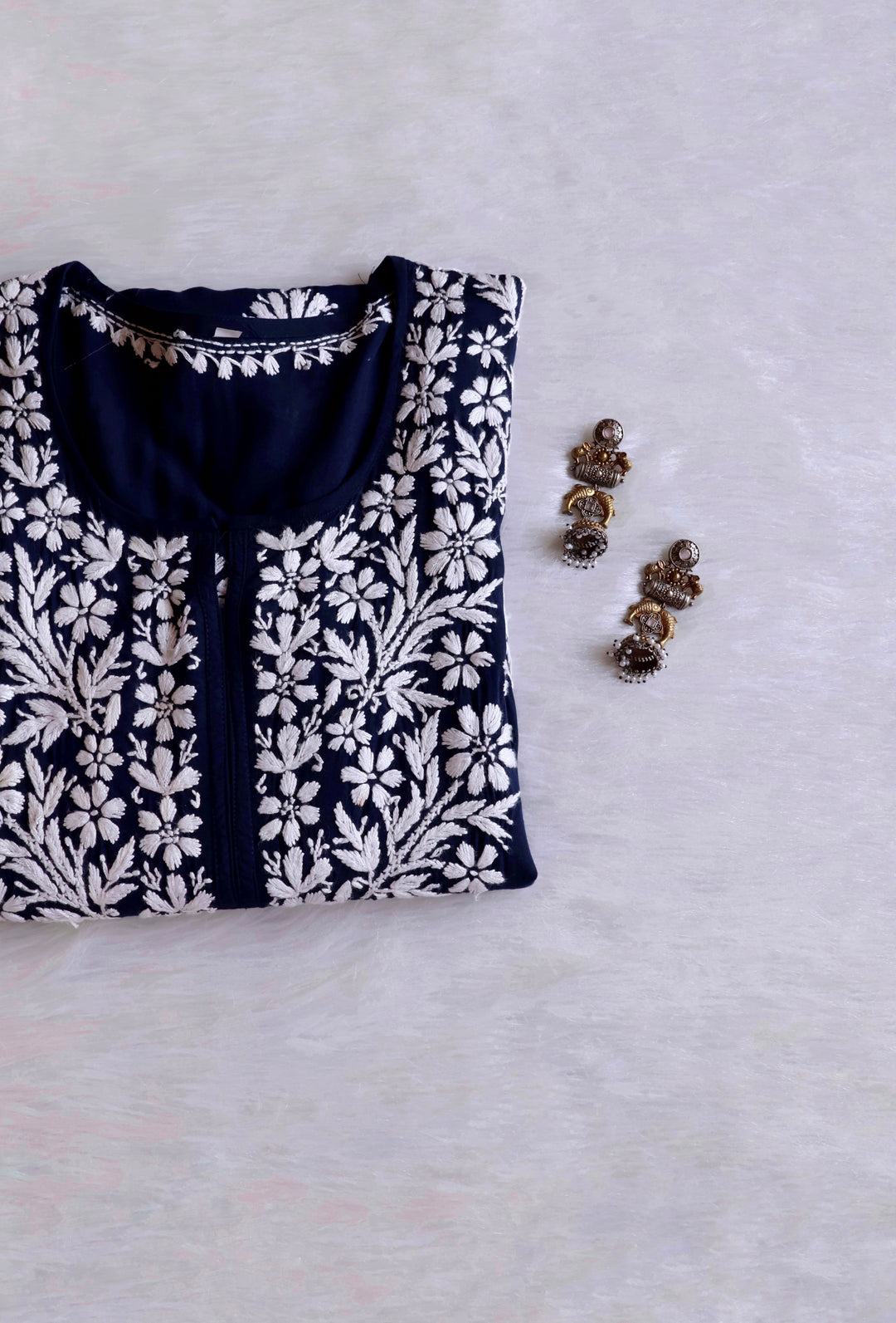 Zahrah Navy Blue Long Modal Kurta - Noor Chikankari