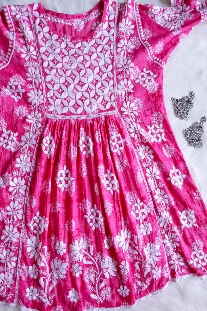 Meera Pink Floral Mulmul Lace Frock