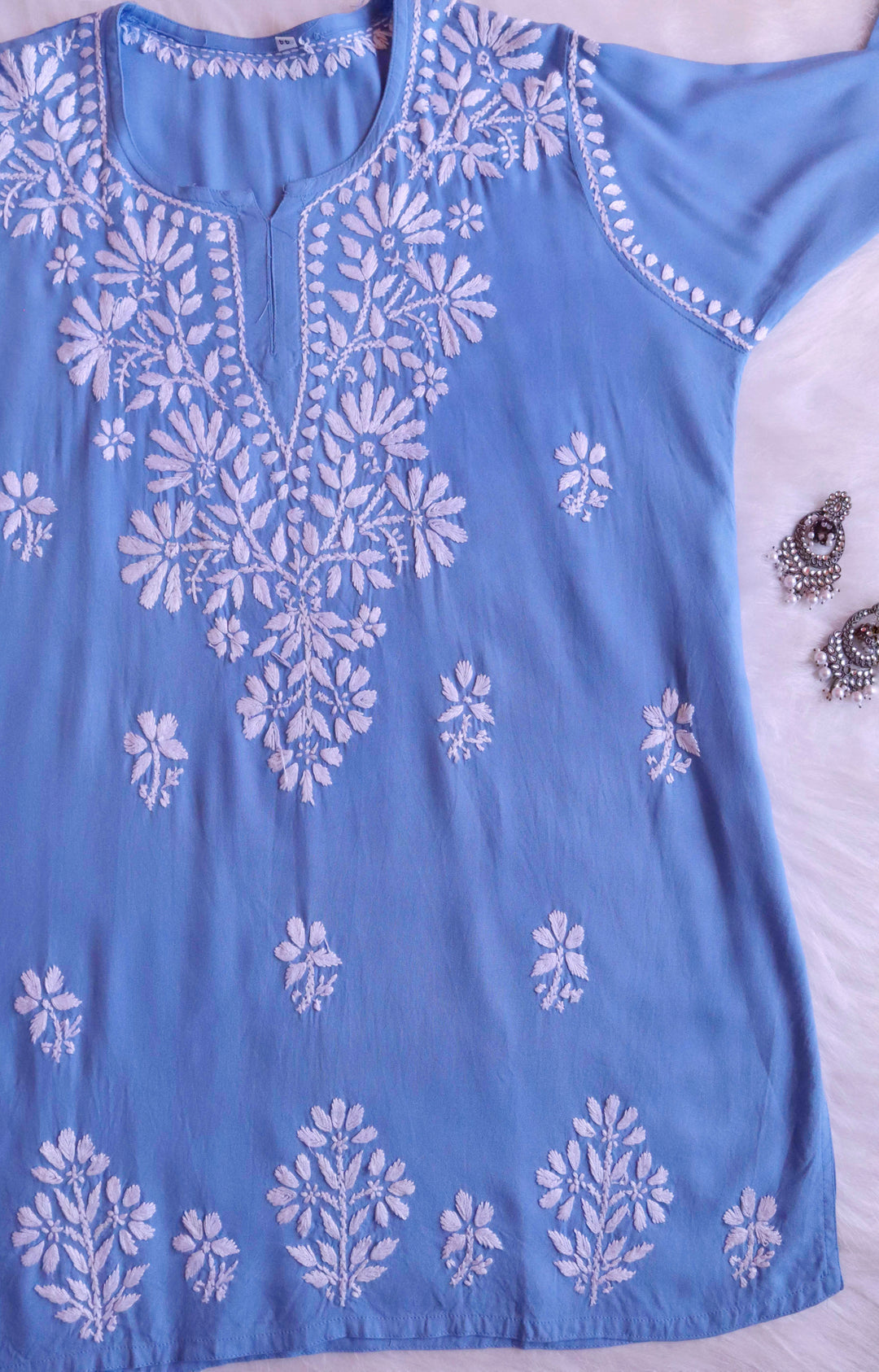 Aayat Ice Blue Short Rayon Kurta - Noor Chikankari