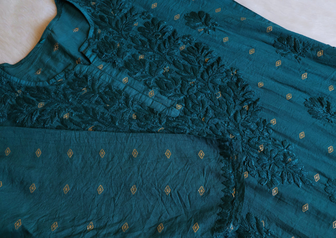 Nazakat Sea Blue Long Chanderi Kurta