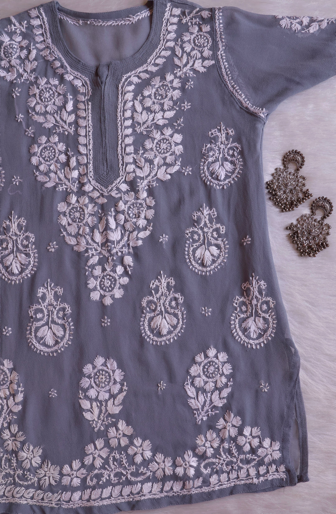 Zaira Grey & White Short Georgette Kurta - Noor Chikankari