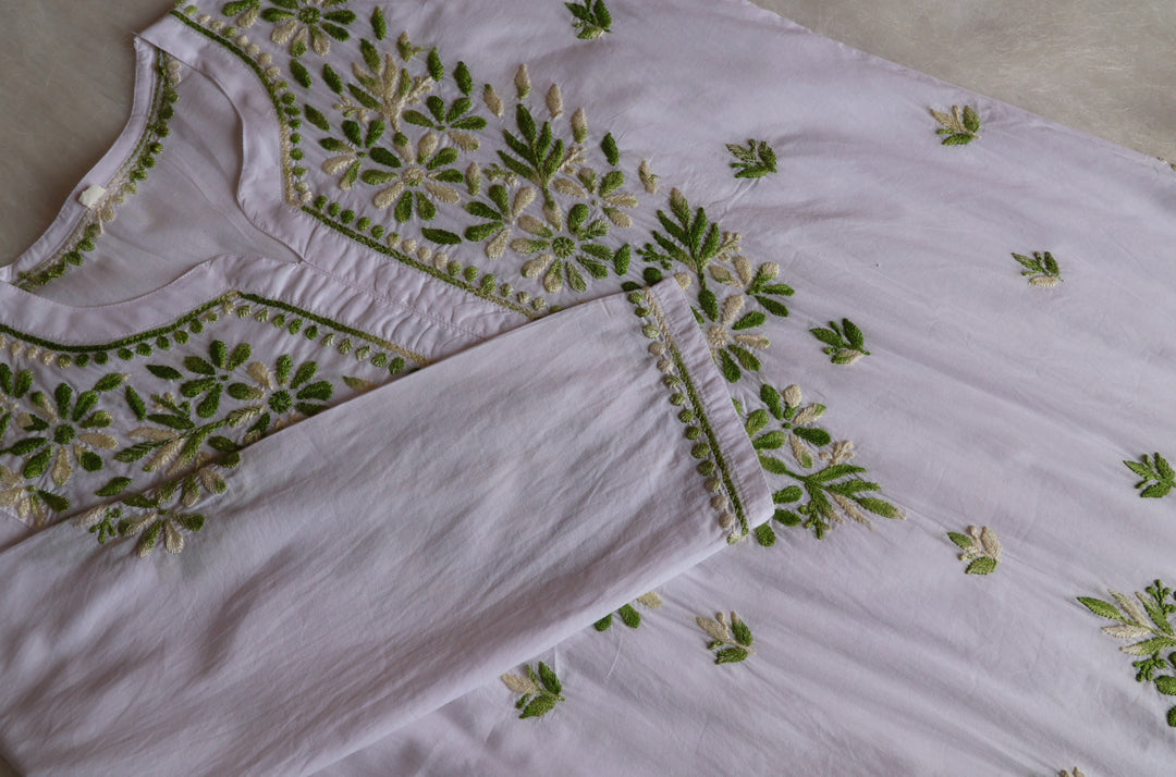 Gul Kashmiri White & Green Pure Cotton Kurta