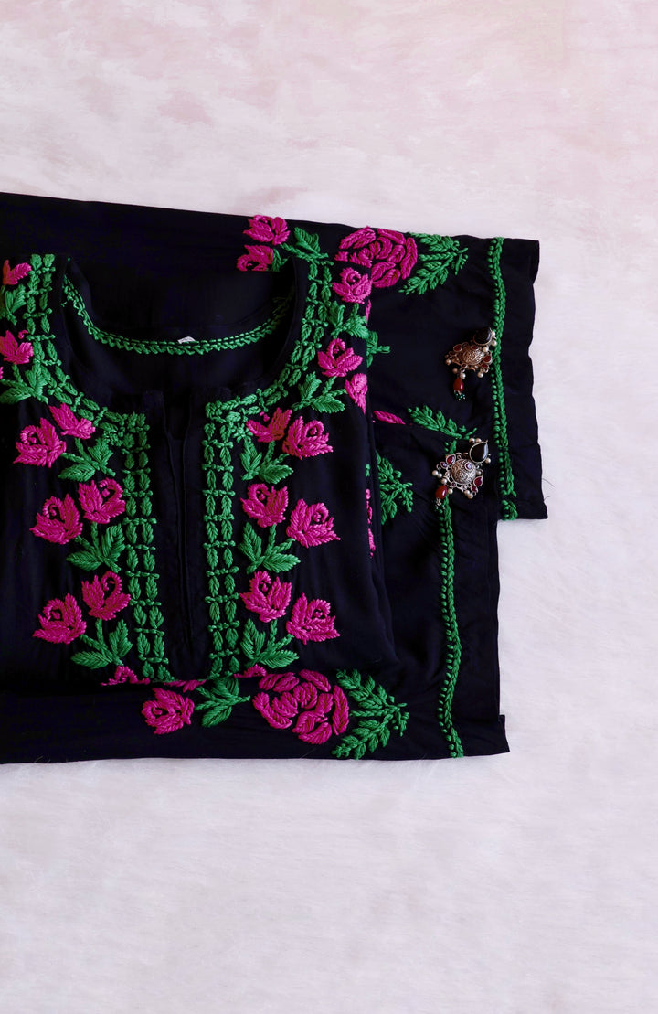 Gul-E-Jahaan Black & Deep Pink Rayon Kurta Set