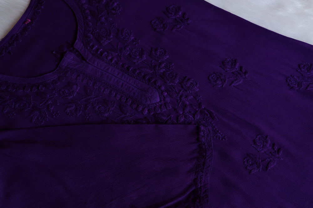 Gul Deep Purple Short Rayon Kurta - Noor Chikankari