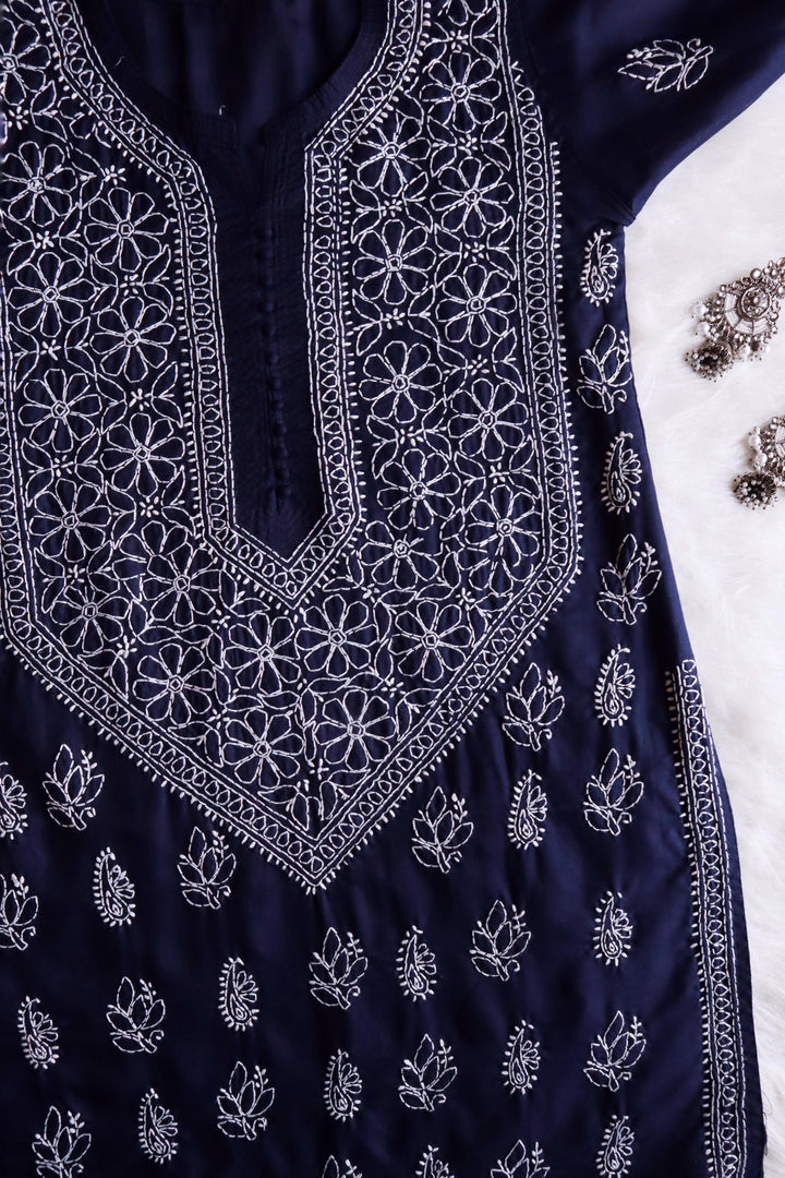 Zahrah Navy Blue Cotton Mulmul long kurta