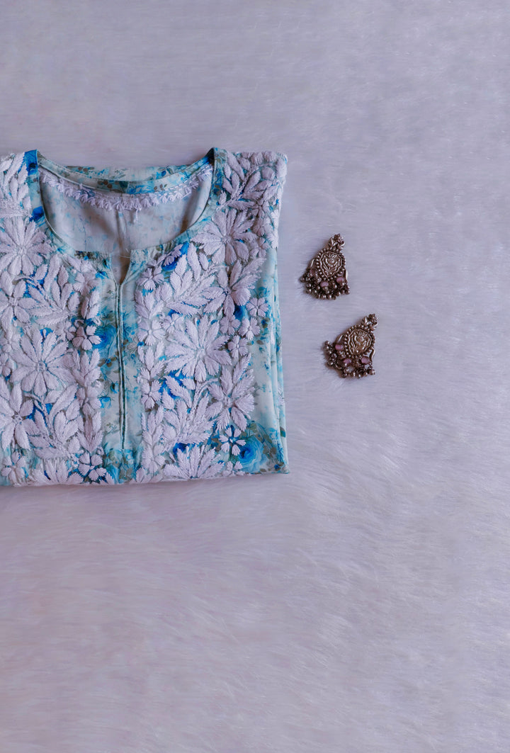 Gulbahaar Ice Blue Floral Long Rayon kurta