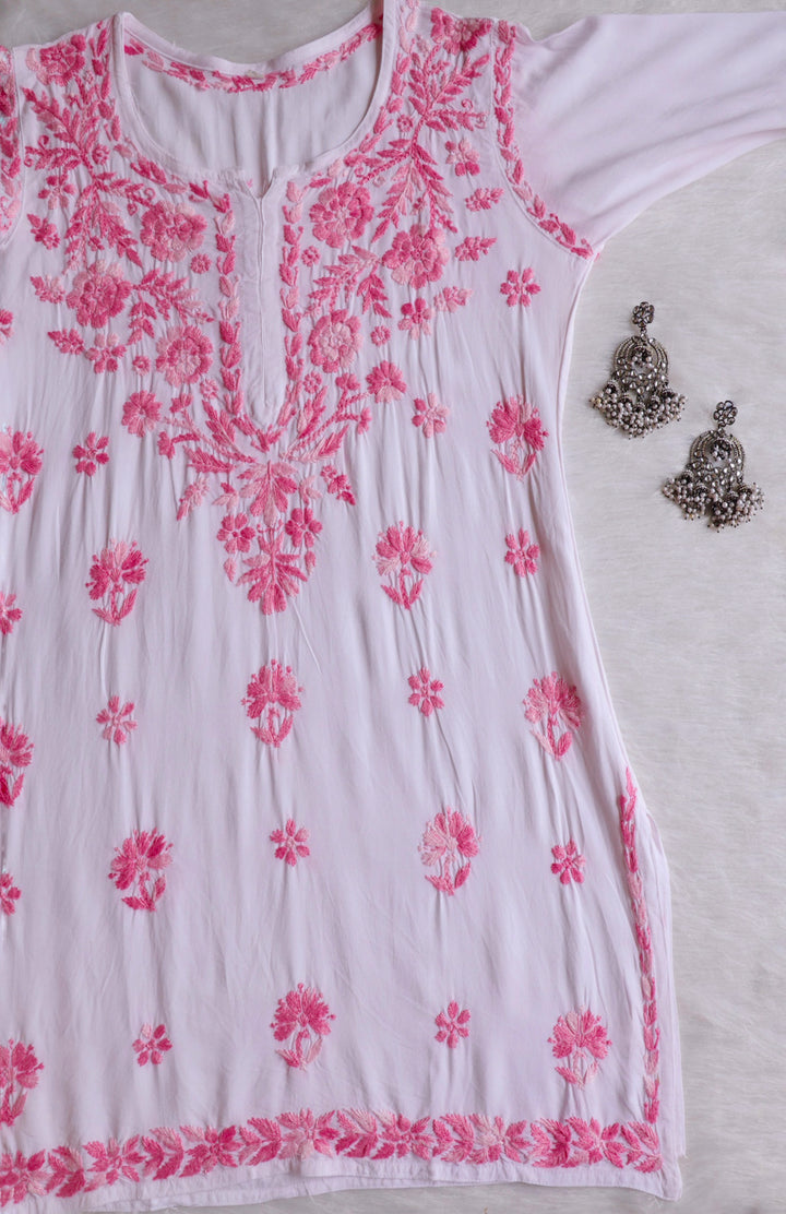 Gulbahaar White & Baby Pink Cotton short kurta