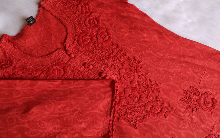 Coral Long Jacquard Lace Cotton kurta - Noor Chikankari