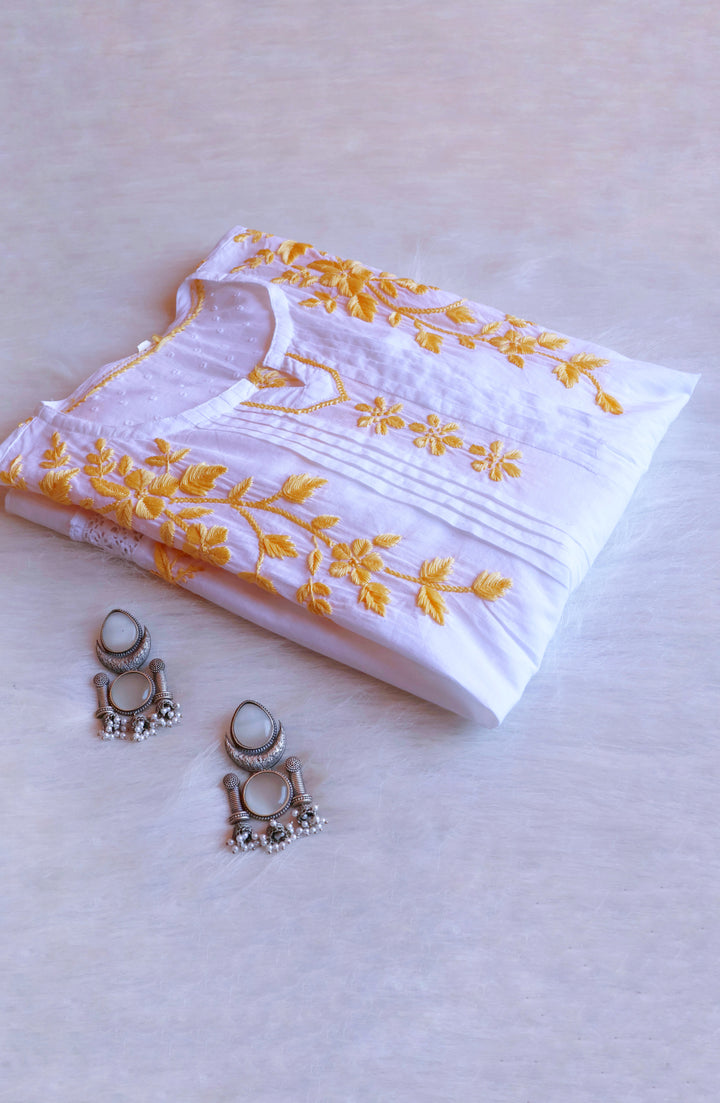 Nazakat White & Pastel Yellow Premium Cotton kurta