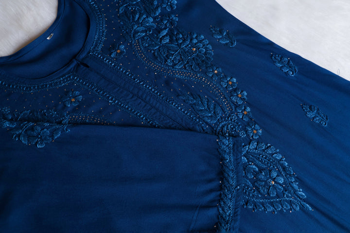 Naida Peacock Blue Rayon mukaish Long Kurta