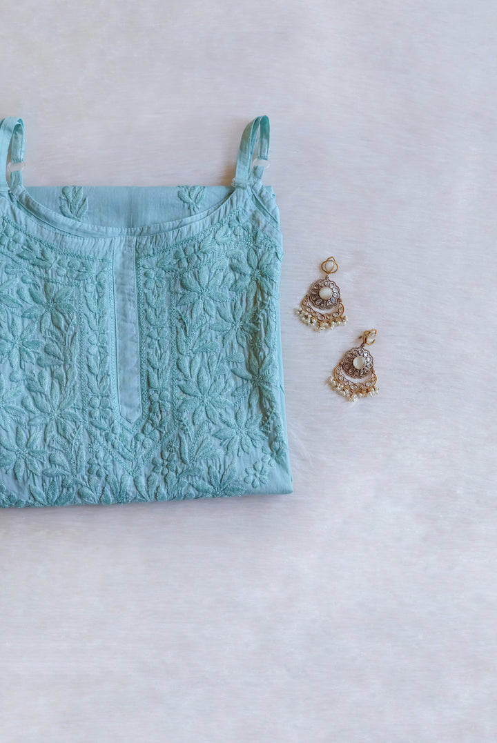 Noor Mint Blue Sleeveless Pure Cotton Long Kurta