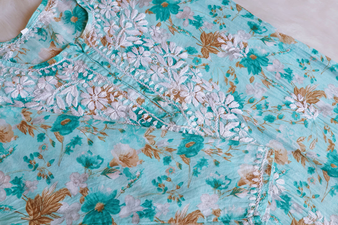 Hedaya Mint Blue Floral Long MulMul kurta
