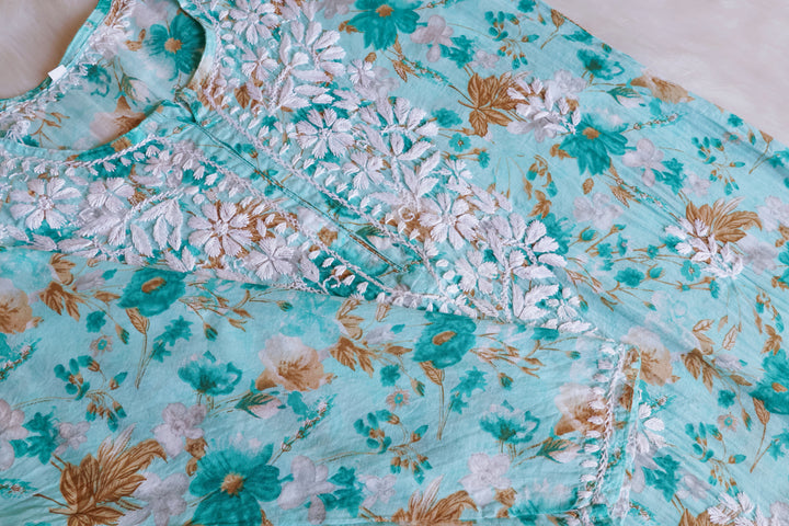 Hedaya Mint Blue Floral Long MulMul kurta