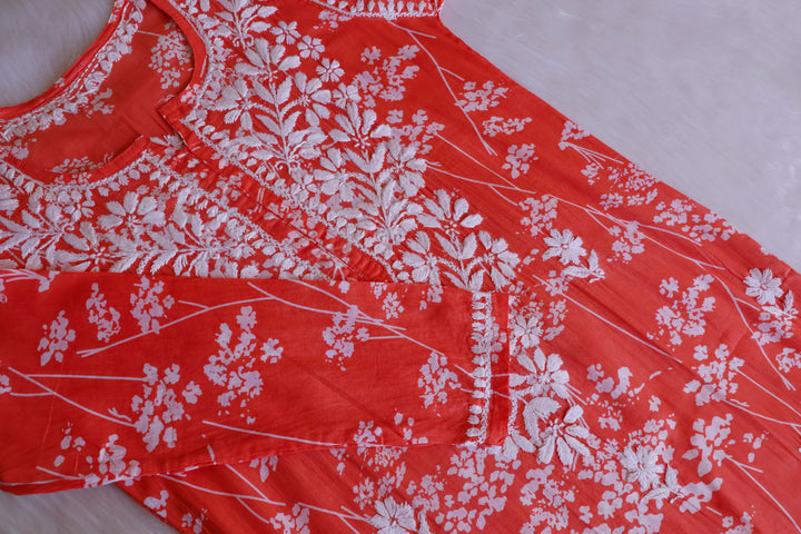 Farhaa Peach Floral Long MulMul kurta