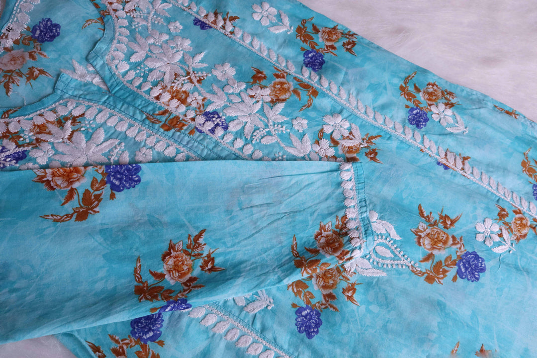 Gul Premium Blue Floral Long MulMul kurta