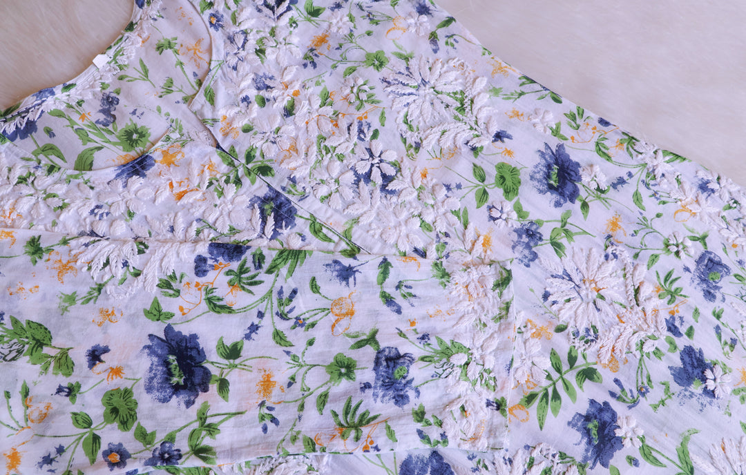 Amna White & Navy Blue Floral Long MulMul kurta