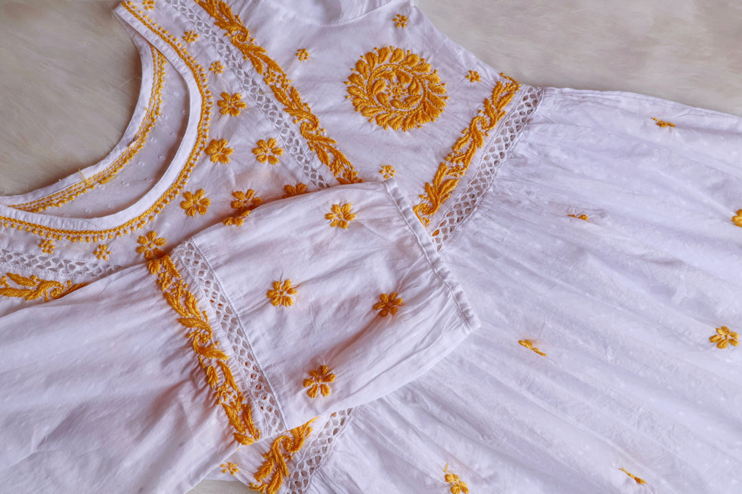 Nazakat White & Mustard Cotton Peplum kurta