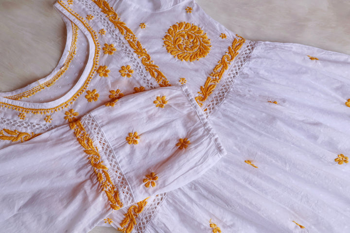 Nazakat White & Mustard Cotton Peplum kurta