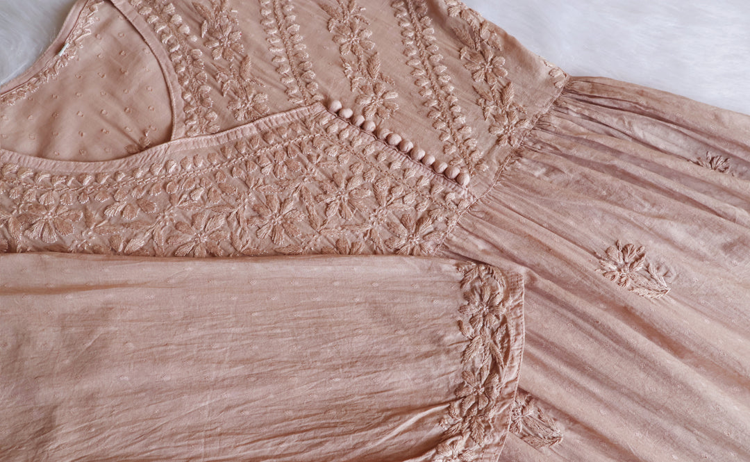 Nazakat Beige Pure Cotton Angarakha Dress - Noor Chikankari