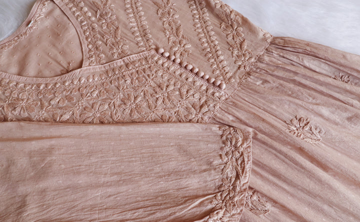 Nazakat Beige Pure Cotton Angarakha Dress - Noor Chikankari