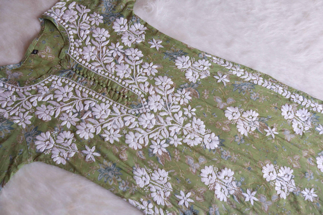 Abiha Pastel Green Floral Luxe MulMul kurta