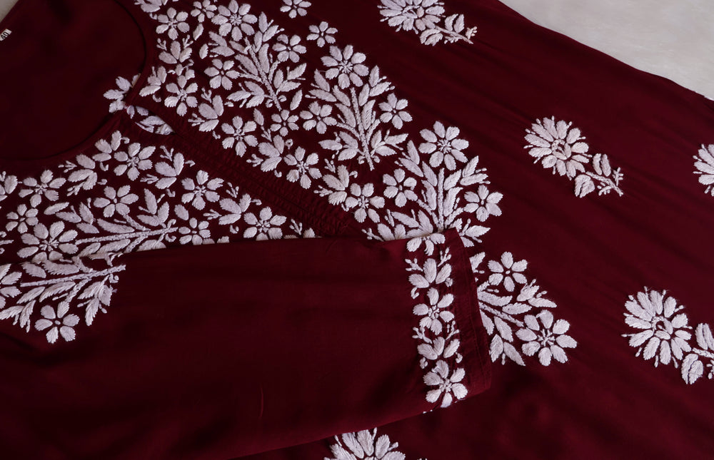 Zahrah Maroon Long Modal Kurta - Noor Chikankari