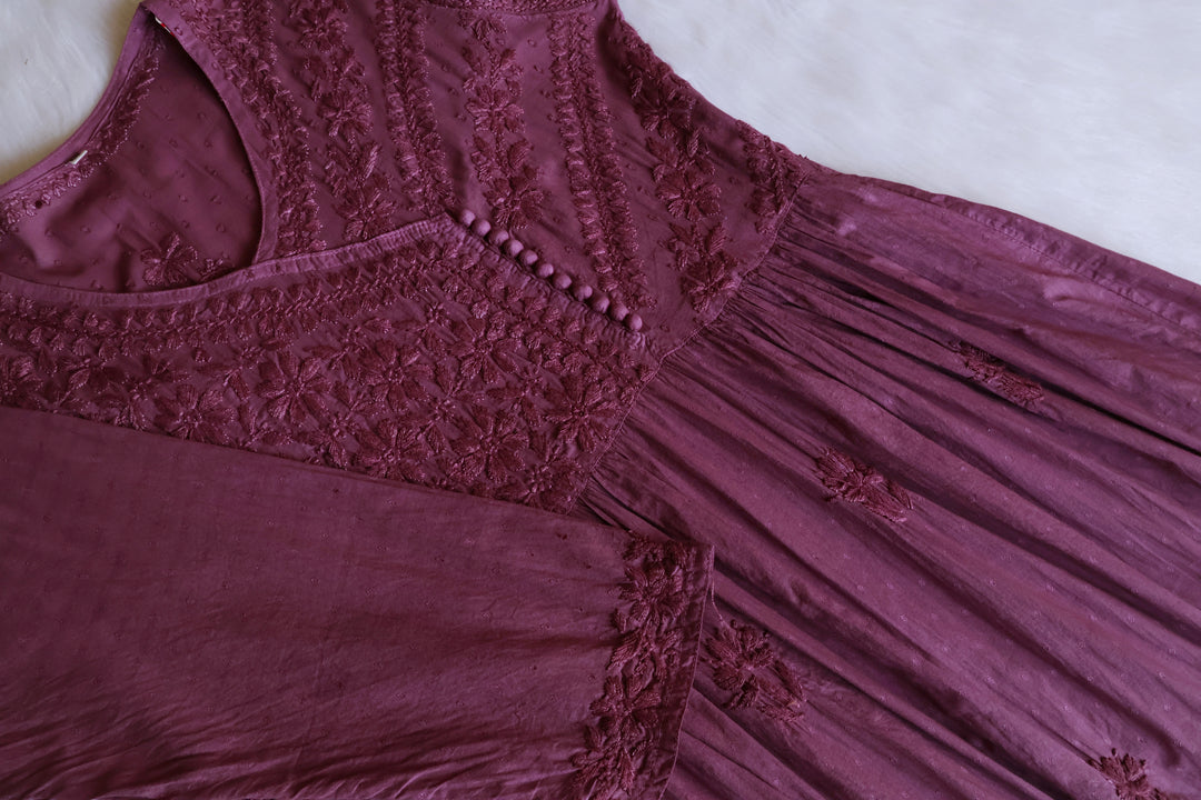 Nazakat Deep Purple Pure Cotton Angarakha Dress - Noor Chikankari
