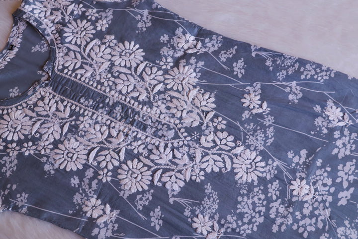 Farhaa Grey Floral Long MulMul kurta