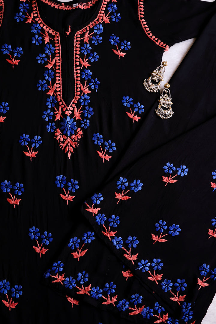 Sitara Black, Blue & Rust Rayon Kurta Set - Noor Chikankari