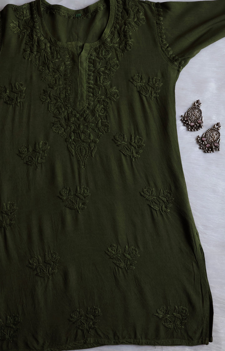 Gul Deep Olive Green Short Rayon Kurta - Noor Chikankari