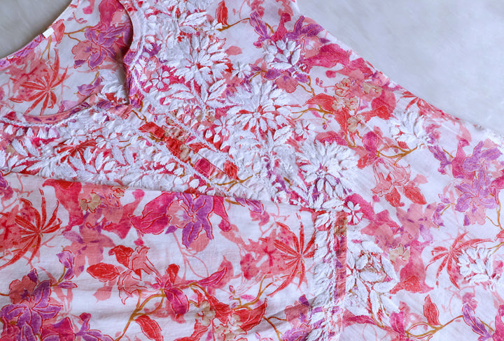 Maahgul Pink Floral Long MulMul kurta