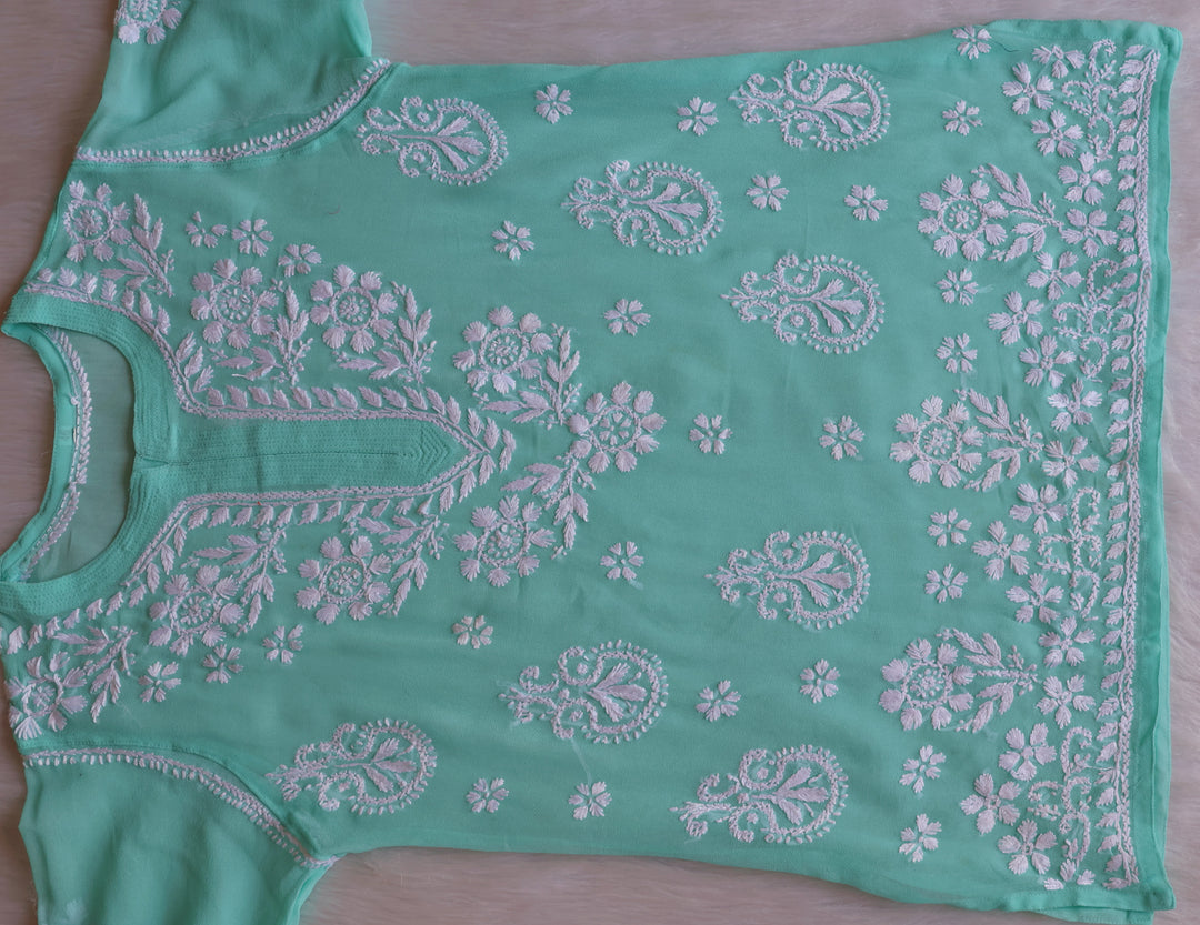 Zaira Mint Green & White Short Georgette Kurta - Noor Chikankari