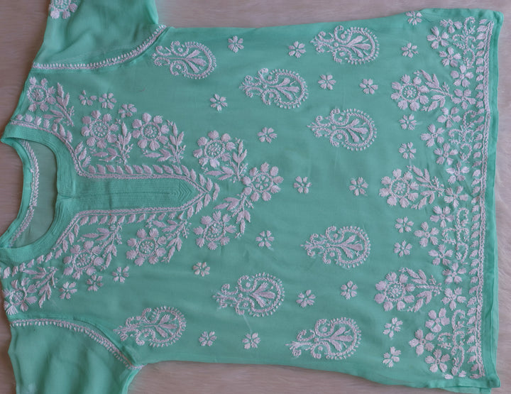 Zaira Mint Green & White Short Georgette Kurta - Noor Chikankari
