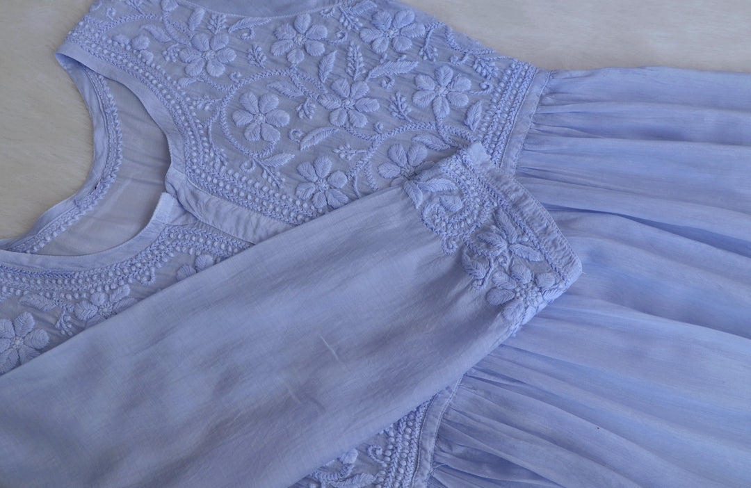 Aafiyat Pure Muslin Ice Blue Chikankari Fit and Flare dress