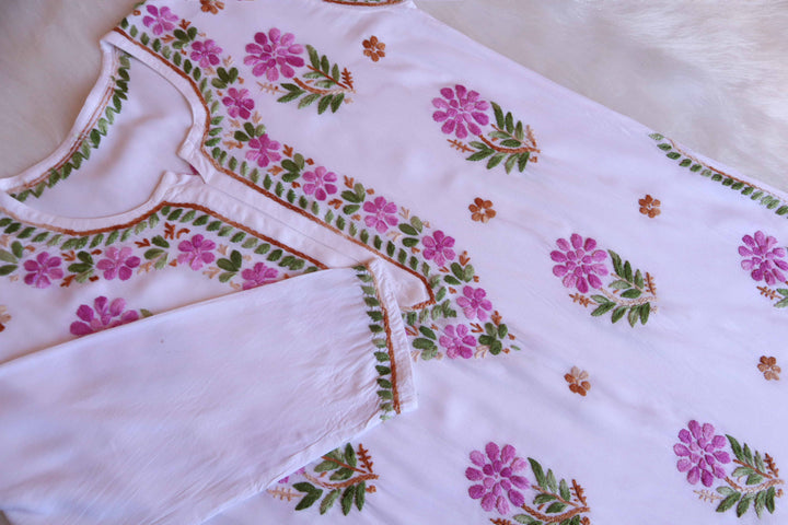 Gul-e-Jahaan White & Lavender Rayon Kurta - Noor Chikankari