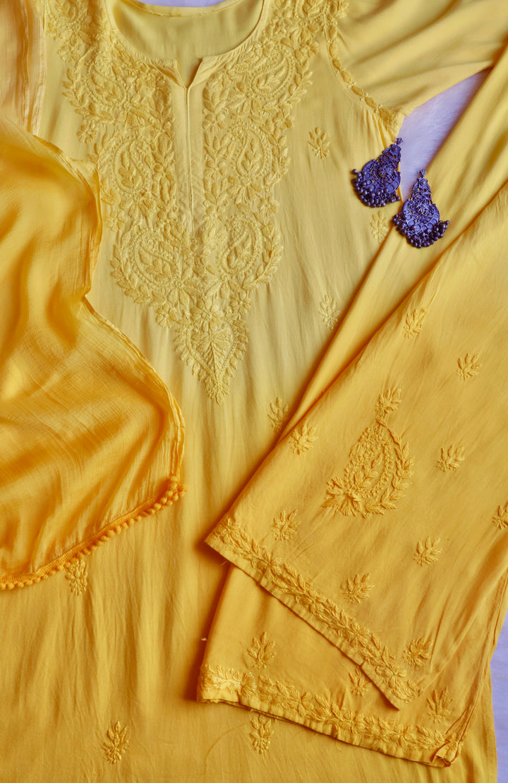Laila Yellow Ombre Rayon 3 Piece Set - Noor Chikankari