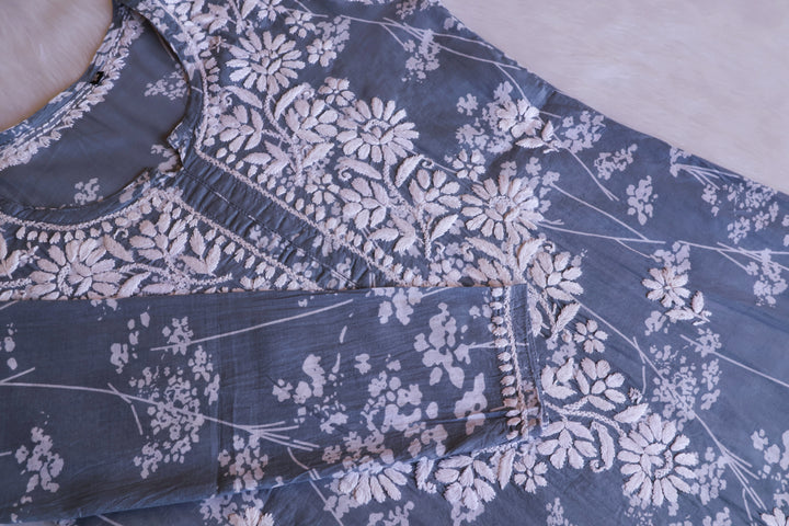 Farhaa Grey Floral Long MulMul kurta