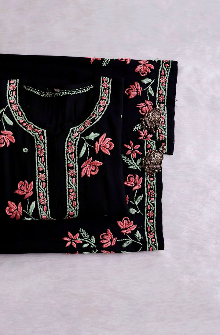 Gul Kashmiri Black & Rose Pink Modal Kurta Set