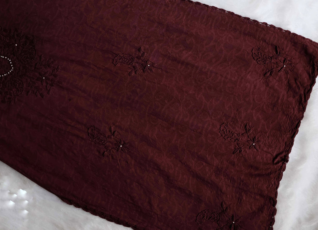 Chocolate Brown Long Cotton Jacquard Pearl kurta