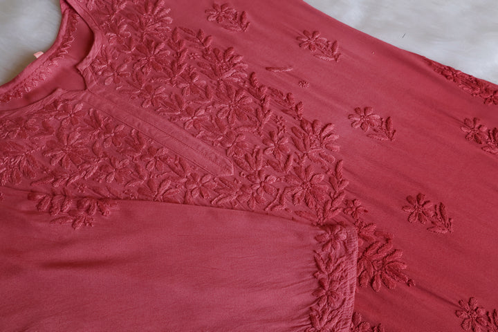 Sanam Rose Brown Ombre Long Rayon Kurta - Noor Chikankari